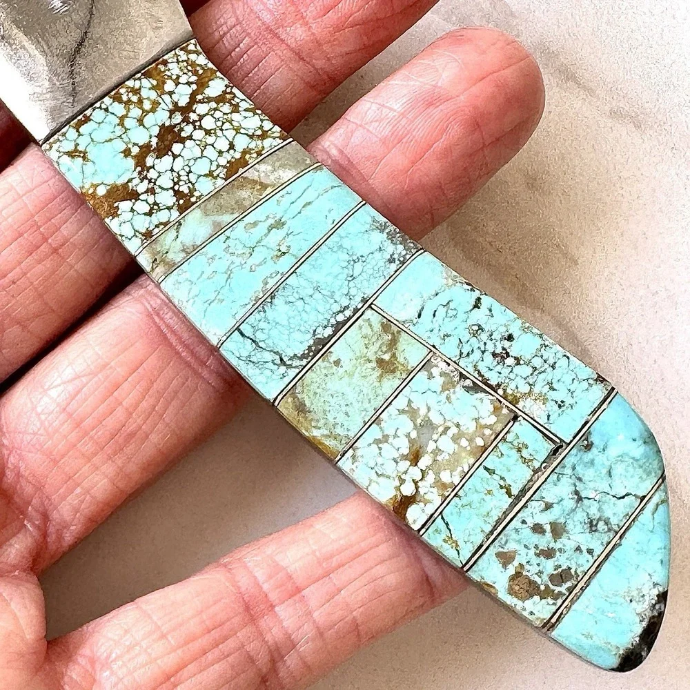 Native Amer Navajo Hunting Knife Number 8 Turquoise Francisco Drop Point Mosaic1